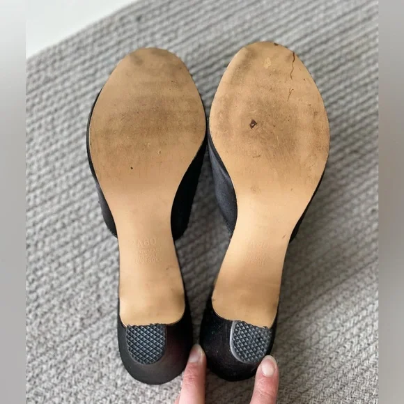 Vintage Daniel Green Black Satin Pom Pom Detail Heeled Mules Fits Size 8 Narrow - Picture 8 of 11